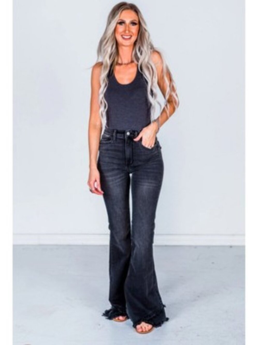 Judy Blue Flare Jeans with Frayed Tulip Hem, Faded Black Wash, Super Soft - 9/29